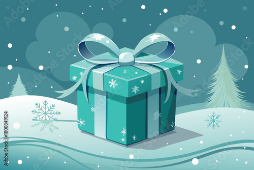 A beautifully wrapped teal gift with a silver ribbon sits in winter snow