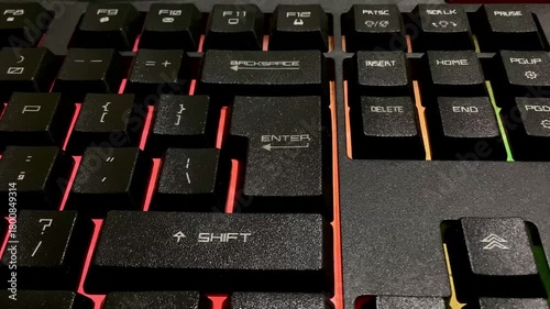 computer keyboard close up, gaming keyboard with flashing lights