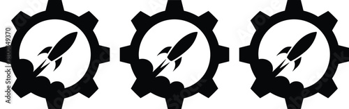 Gear and rocket launch icon set representing startup, innovation, progress, and development