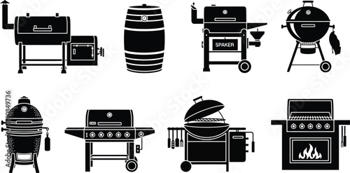 Assorted BBQ Grill Varieties, Smoker Grills in Black Silhouette on White Background
