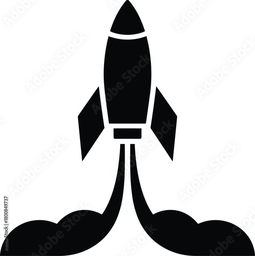 Rocket launch icon with smoke trail, representing startup, innovation, speed, and success.