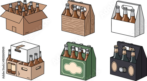 Assorted Beer Bottles in Box and Carrier on Transparent Background