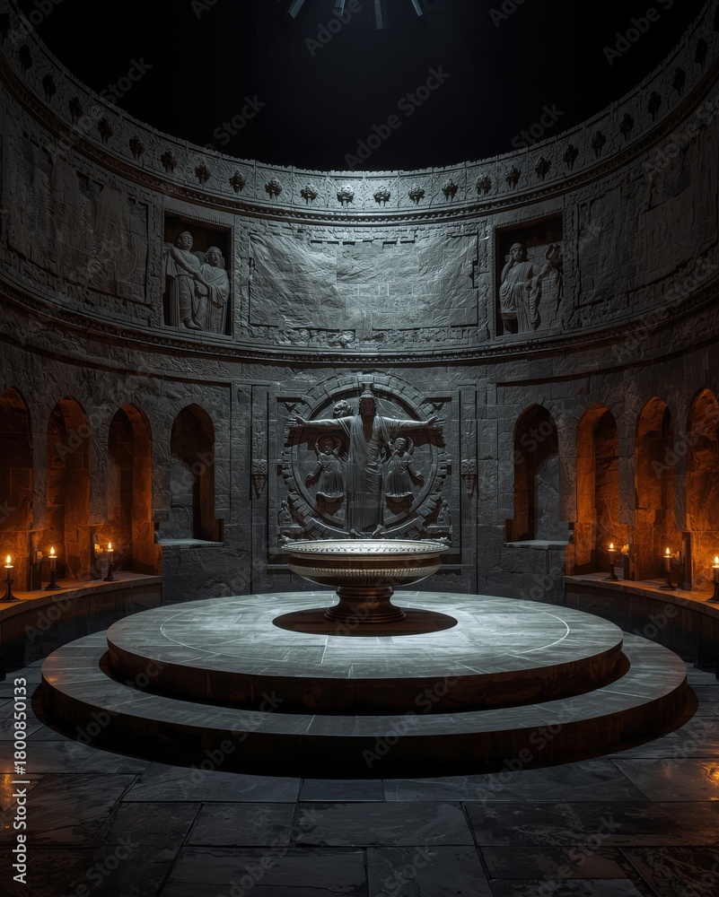 Obraz premium Ancient Circular Chamber with Ornate Sculptures and Flickering Candlelight