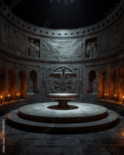 Ancient Circular Chamber with Ornate Sculptures and Flickering Candlelight