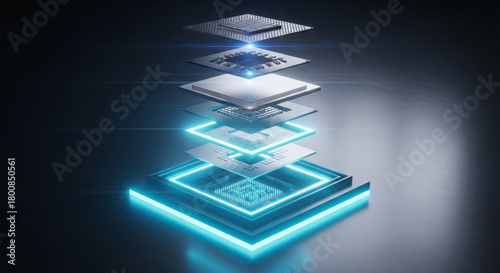 Quantum computing processing microchip microprocessor cpu chip circuit motherboard technology hardware data center blue light