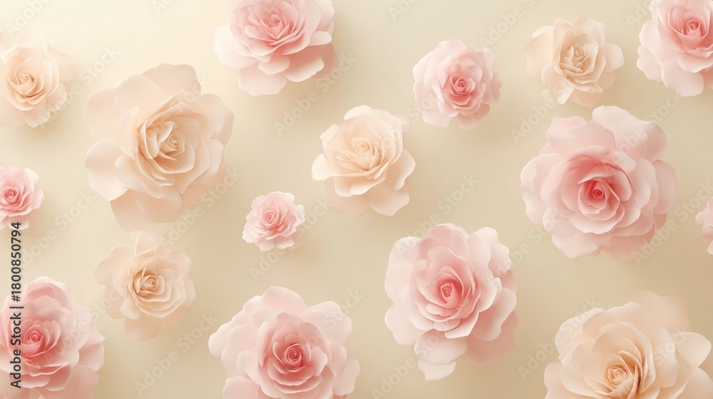 Fototapeta premium A beige background with a pattern of pink and white roses, some with green leaves, and some with yellow centers, creating a soft and delicate floral arrangement.