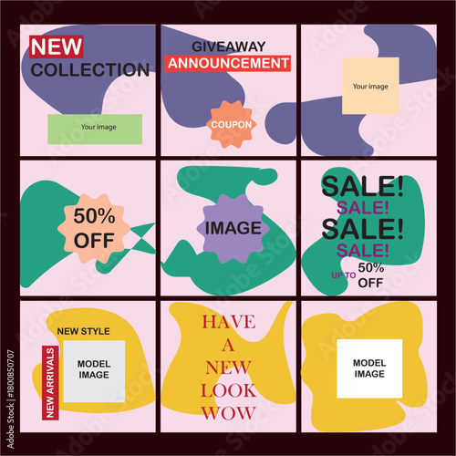 Print Social media template, fashion sale, new collection, giveaway announcement, vector illustration, flat design, abstract shapes, minimalist graphics, digital marketing, mobile commerce, modern aes