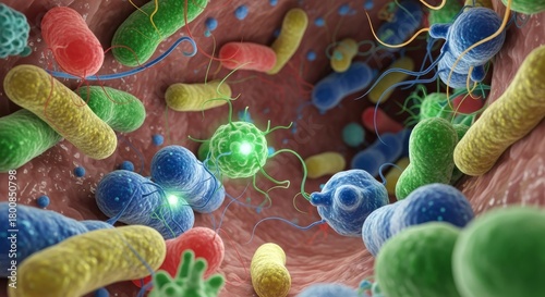 Microscopic View of Gut Bacteria in Intestine - Illustration of diverse gut bacteria in intestinal environment. Symbolizing digestion, immunity, health, balance, and science