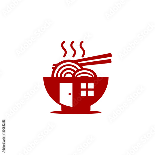 A creative red noodle bowl logo featuring steam, chopsticks, and a house-shaped design with a door and window