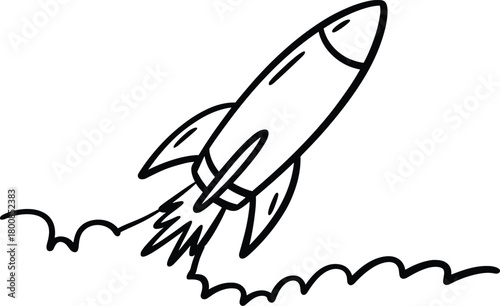 Hand-drawn rocket taking off with smoke trail, simple outline drawing, creative concept.