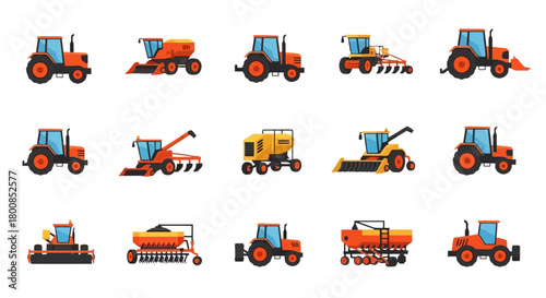 Modern Agricultural Machinery Set Tractors Harvesters Planters Cultivators More Vector Icons