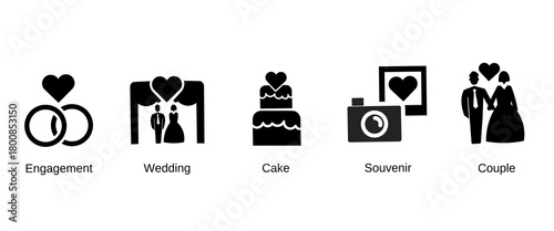 A set of 5 Honeymoon icons as engagement, wedding, cake, couple. Wedding icons
