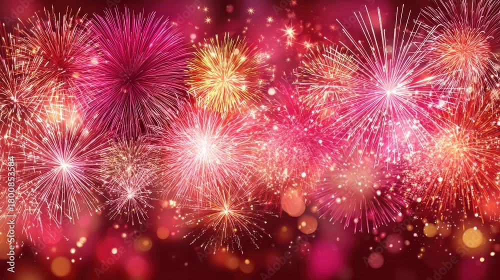Fototapeta premium Vibrant Fireworks Display Illuminating Night Sky: Festive Celebration, Holiday Spectacle and Explosions of Color