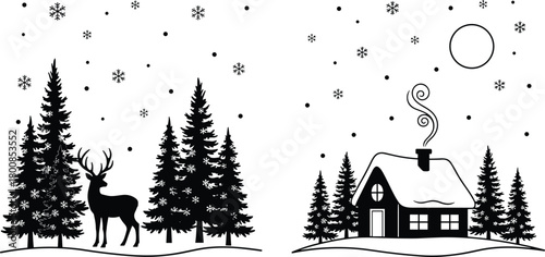 Winter landscape silhouette, deer and pine forest scene, cozy house with moon and snowflakes, black and white festive illustration, seasonal nature vector design
