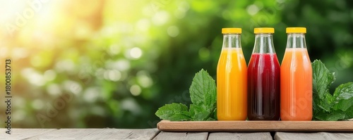 Wellness meditation detox concept. Three colorful juice bottles on a wooden surface, surrounded by greenery and sunlight.