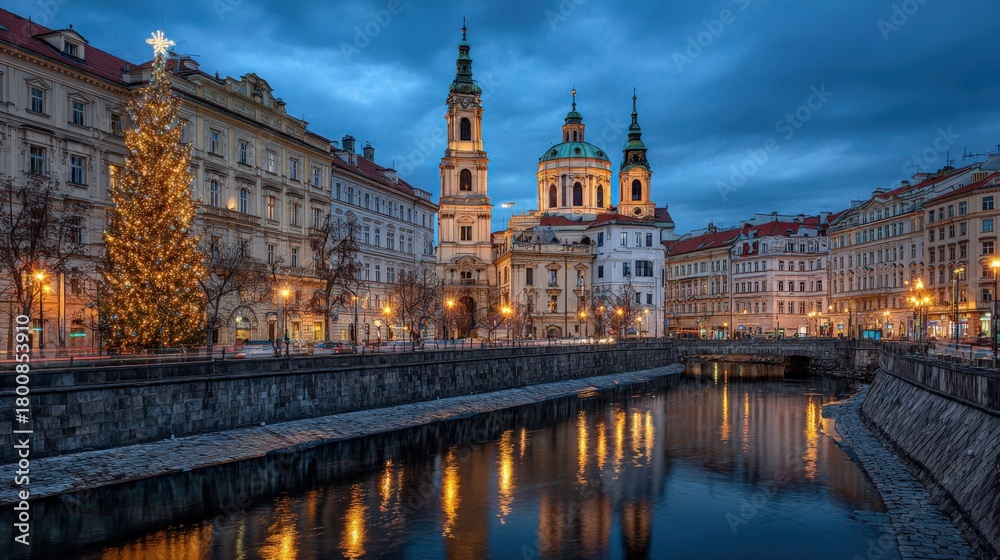 Fototapeta premium Prague Cityscape at Dusk Featuring St. Nicholas Church and Festive Christmas Tree Along the Water