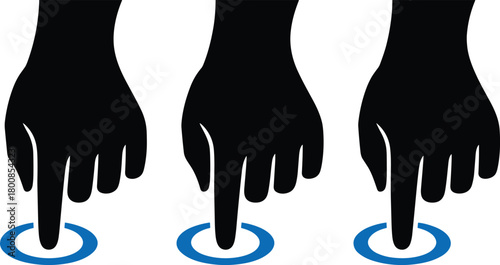Three black silhouetted hands pointing down and tapping blue circles on a white background