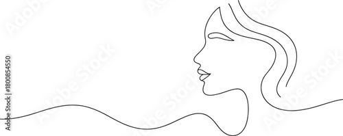 Elegant woman's profile with flowing hair in single line art for beauty and wellness concepts