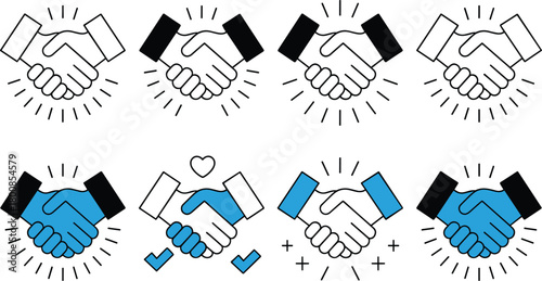Handshake icons: diverse line and filled styles for agreement, partnership, greeting, deal