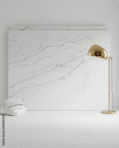 Elegant Carrara Marble Slab Backdrop with Golden Lamp Creating a Luxurious Ambience