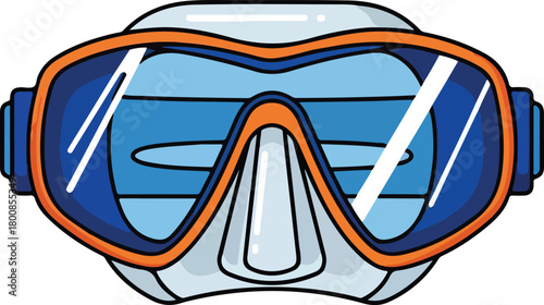 Diving mask with blue lenses, orange trim, suitable for websites, articles, brochures, and infographics related to scuba diving equipment.