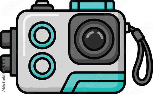 Aqua and gray action camera with a wrist strap suitable for outdoor activities and adventure sports photography on the go.