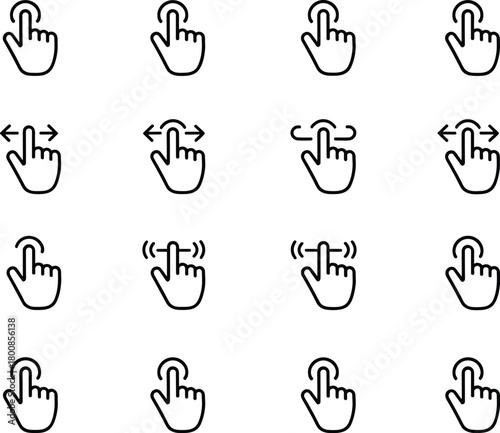 Hand gestures icons for touch screen interface, depicting tap, swipe, zoom, and scroll actions.