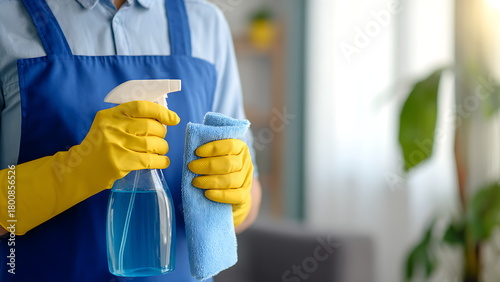 cleaning staff holding spray bottles and cloths