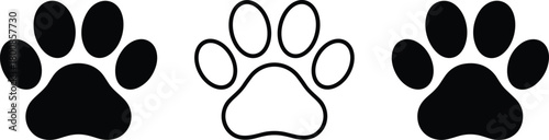 Set of three animal paw print icons: solid black and outline versions, ideal for pet themes.