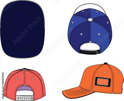 Colorful baseball caps vector illustration showing multiple angles, front, back, and side views, ideal for fashion design and branding purposes