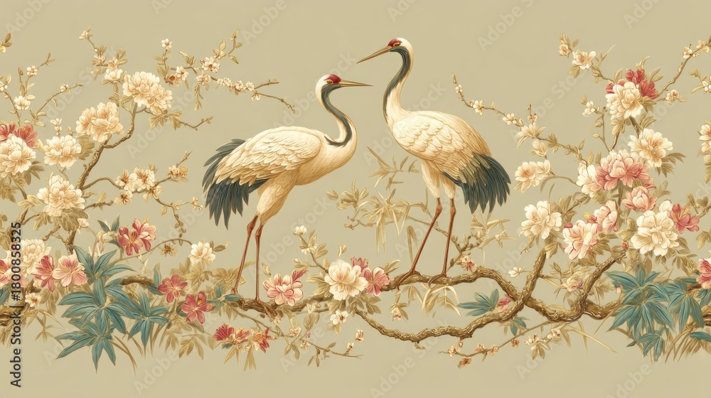 Obraz premium Two cranes perched on branches with blossoms, one in profile, against a beige background with subtle floral patterns.