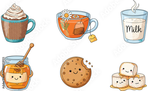 Cute Hot Drinks and Sweet Treats with Smiling Faces – Cozy Winter Food Characters for Kids, Cafe, Bakery, and Seasonal Design