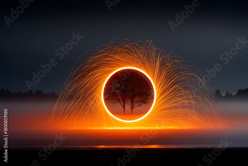 Spectacular Display of Steel Wool Spinning Creates Glowing Circle Around a Silhouetted Tree at Night