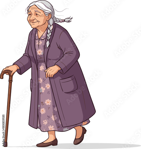 Elderly grandmother cartoon character with braided white hair walking using wooden cane, wearing floral dress and coat, senior woman illustration design.