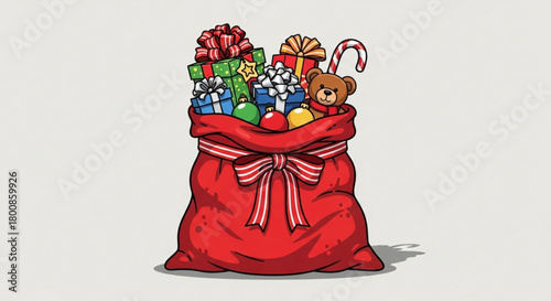 A red bag full of christmas presents, candy canes, and a teddy bear, ready to be delivered on christmas eve isolated on