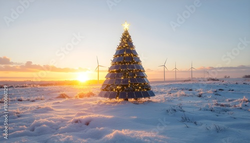 Eco-friendly Christmas Tree with Solar Panels and Wind Turbines at Sunrise