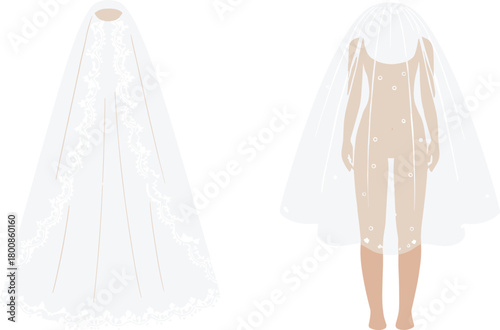 Elegant Bridal Veil and Wedding Dress Illustration, Detailed Lace Design, Romantic Bridal Accessories, Perfect for Wedding Invitations and Decor.