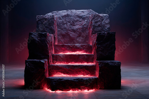 Mysterious Stone Throne Illuminated by Red Light in a Dark Environment