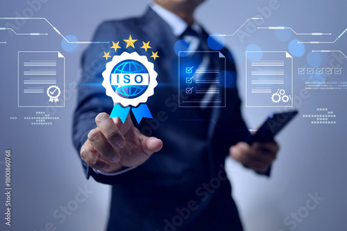 iso standards concept with businessman on certification mark represent to approve and implement working system follow the standard requirement to management and integration improve quality system