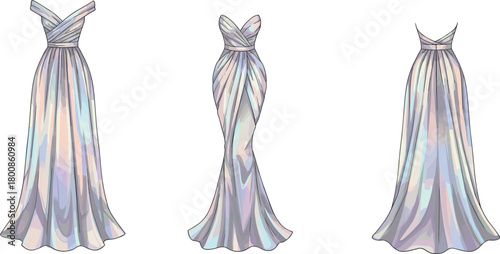 Elegant evening gown vector illustration with pastel holographic fabric, formal dress styles, fashion design silhouettes for luxury event and couture