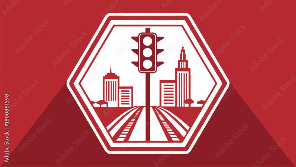 Fototapeta premium Modern city skyline with traffic light in geometric frame, urban planning and transportation solutions, perfect for infrastructure projects and city development