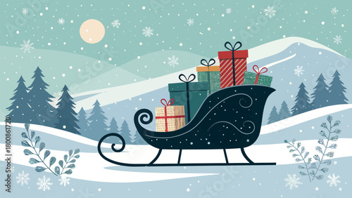 Charming winter scene with Santa's sleigh filled with colorful gifts, perfect for holiday cheer and festive designs, originally a scalable graphic