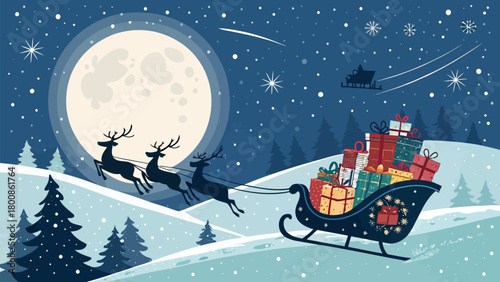 Magical Christmas Eve with Santa's sleigh led by reindeer under the moonlight, carrying gifts through snowy landscape, perfect for holiday cheer