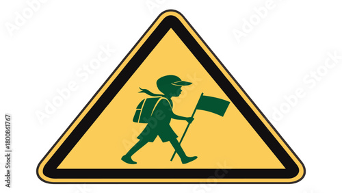 Cautionary pedestrian sign with child silhouette carrying flag and backpack - vector design for safety awareness and school zone illustration needs