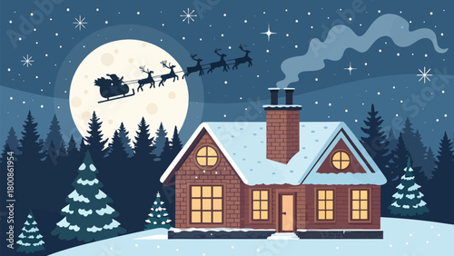 Enchanting Christmas Eve scene with Santa's sleigh flying over a cozy snow-covered house under a starry moonlit sky, bringing holiday magic and festive cheer