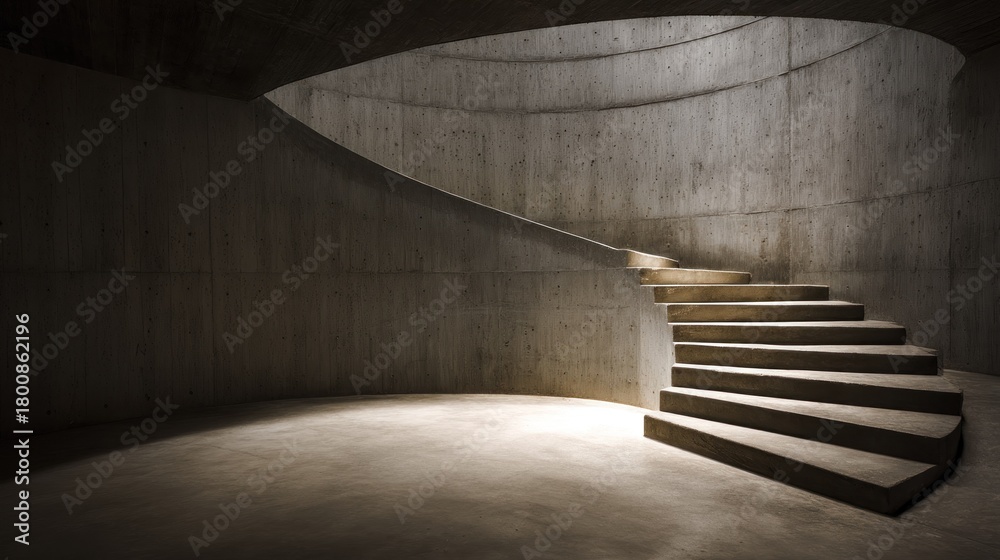 Naklejka premium A concrete spiral staircase with a curved wall and a light source at the bottom.