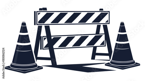 Road work ahead caution with traffic cones and construction barrier, safety first for builders and drivers, vector illustration for web and print