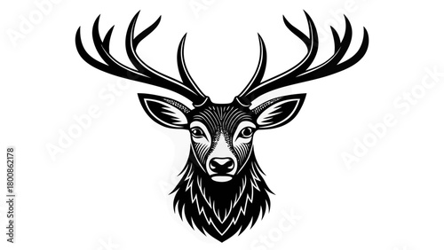 Stunning black and white deer head with impressive antlers, originally crafted as a scalable vector graphic, ideal for logos and designs