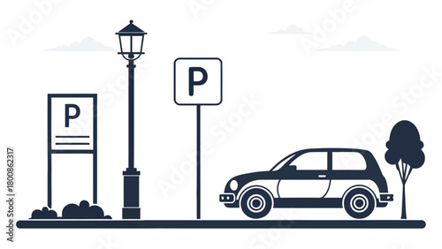 Charming dark blue car parked at a designated parking space, illustrated with a vintage streetlamp and minimalist cloudscape, embodying city life