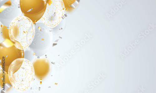 Festive celebration background featuring 3d helium shiny balloons with ribbons and falling confetti. For party, event promotions, holiday celebrations, New Year, christmas, birthday, congratulations.